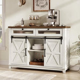 RALGEND Farmhouse Buffet Cabinet with LED Lights, 47" Coffee Bar Cabinet with Power Outlet, Kitchen Buffet Cabinet with 2 Drawers, Sideboard Cabinet, Sliding Barn Doors, White and Walnut 12CBUDWH RALGEND