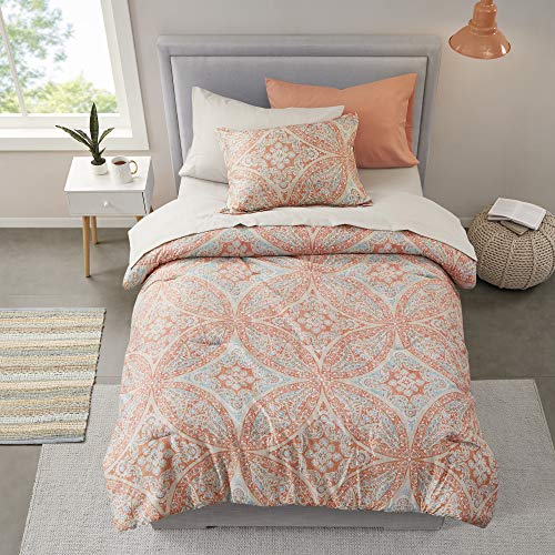 Comfort Spaces Bed in A Bag - Trendy Casual Design Cozy Comforter with Complete Sheet Set with Side Pocket, All Season Cover, Matching Shams, Twin XL(66 in x 90 in), Gloria, Damask Coral 6 Piece Comfort Spaces