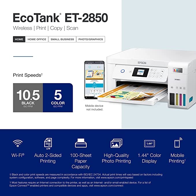 Epson EcoTank ET-2850L Wireless Color All-in-One Printer, Print Scan Copy, 1.44" Color Display, Auto-Duplex Printing, Up to 10.5 PPM, 1200X2400 DPI with Bonus Black Ink Bottle and Printer Cable