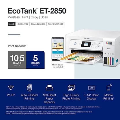 Epson EcoTank ET-2850L Wireless Color All-in-One Printer, Print Scan Copy, 1.44" Color Display, Auto-Duplex Printing, Up to 10.5 PPM, 1200X2400 DPI with Bonus Black Ink Bottle and Printer Cable