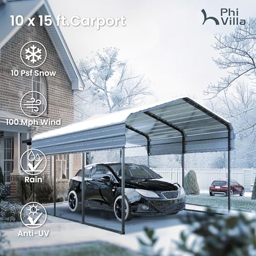 PHI VILLA 10 x 15 ft Heavy Duty Carport with Galvanized Steel Roof Multi-Use Shelter, Sturdy Metal Carport for Cars, Boats, and Tractors PHI VILLA