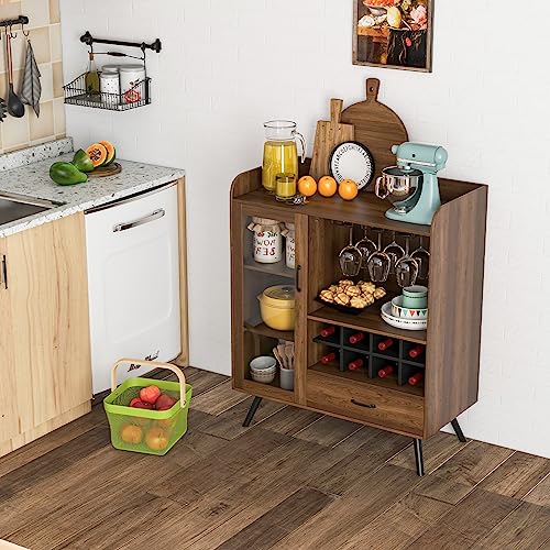 LOKO Wine Bar Cabinet, Farmhouse Coffee Bar Cabinet with Tempered Glass Door, 3-Row Glass Holder & 8-Grid Wine Rack, Buffet Sideboard with Wine Display, Rustic Brown - WoodArtSupply