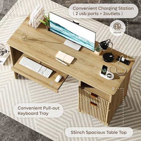 Bestier Computer Desk with Drawer, 55 inch Office Desk with Power Outlet, Modern Home Office Desk with Keyboard Tray (Natual Oak, 55" W with Single-Sided Drawers) Bestier