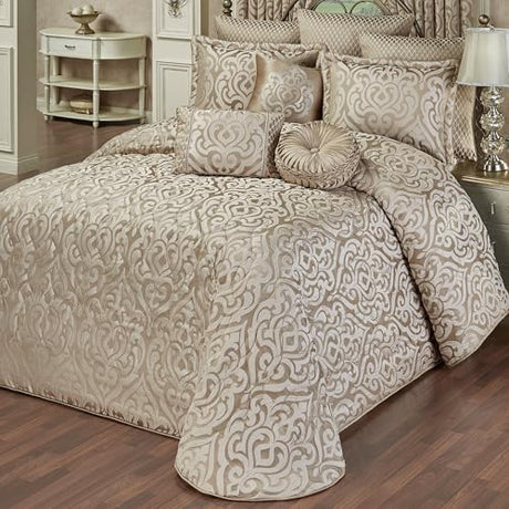 Davenport Luxury Bedding | Neutral Sand and Beige Colors | Elegant Jacquard-Woven Puff-Textured Scrollwork Medallions | 3 Piece Bedding Set Includes Oversized Cal King Bedspread and 2 King Shams J. Queen New York