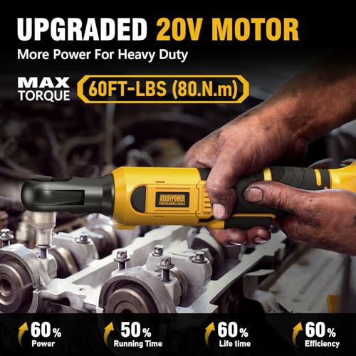 3/8" Cordless Ratchet Wrench Set, 60FT-LBS(80N.m) Electric Ratchet, 2 X 20V Chargeable Power Ratchet Wrench with Variable Speed, LED Light, 6 Sockets, 1/4" Adapter, 3" Extension Rod ALLOY POWER