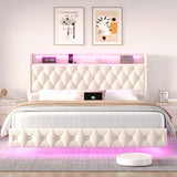 Keyluv Queen Floating Bed Frame with LED Lights & Charging Station, Upholstered Velvet Platform Bed with Button Tufted Storage Headboard, No Box Spring Needed, Noise-Free, Easy Assembly, Beige Keyluv
