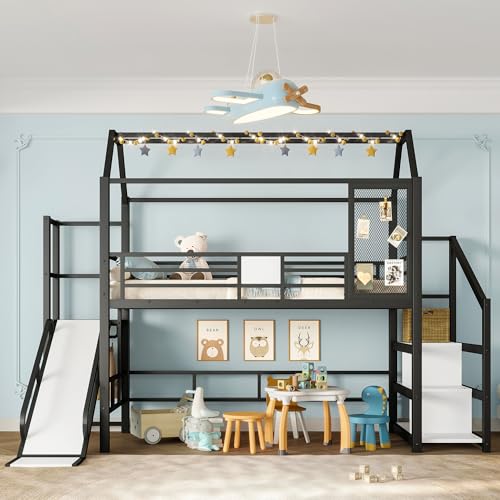 Bellemave Twin Size Metal House Loft Bed with Slide and Stairs,Heavy Duty Playhouse Loft Bed Frame with Storage Shelves for Kids,Teens,Adults,Black Bellemave