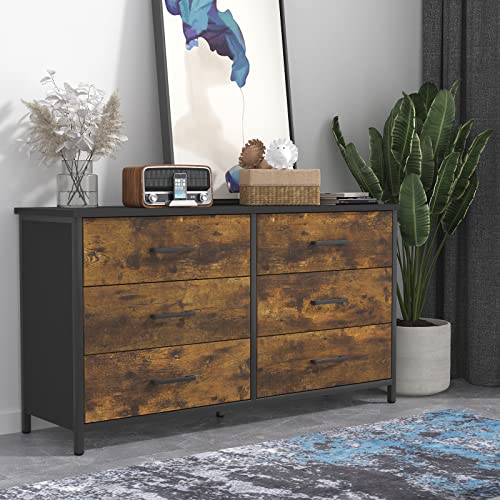 IKENO 6 Drawer Dresser, Industrial Wood Storage Dressers & Chests of Drawers with Sturdy Steel Frame, Storage Dresser for Bedroom Wood (Rustic Brown) - WoodArtSupply