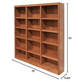 BOWERY HILL 72" Classic Triple Wide Wood Bookcase with 12 Adjustable and 3 Fixed Shelves in Dry Oak Finish BOWERY HILL