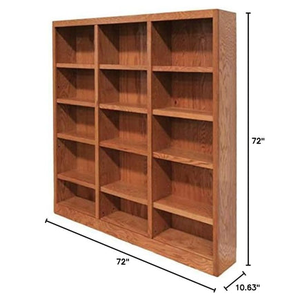 BOWERY HILL 72" Classic Triple Wide Wood Bookcase with 12 Adjustable and 3 Fixed Shelves in Dry Oak Finish - WoodArtSupply