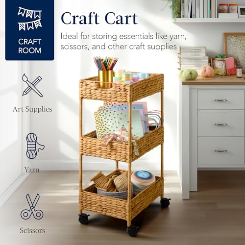 Best Choice Products 3-Tier Water Hyacinth Rolling Nursery Caddy w/Wheels, Utility Cart, Storage Organization for Bathroom, Craft Room, Laundry Room - Natural