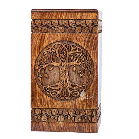 INTAJ Handmade Rosewood Urn for Human Ashes - Adult Tree of Life Wooden Urns Hand-Crafted - Celtic Funeral Cremation Urn for Dogs Engraved (Rosewood, INTAJ