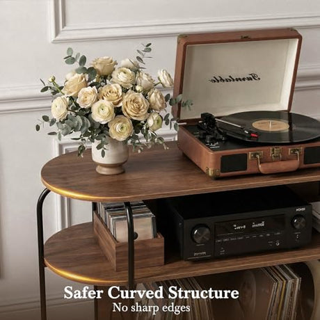 Faesun Large Record Player Stand with Vinyl Record Storage & Power Outlets, Holds 200+ Albums, 3-Tier Turntable Stand for Living Room & Bedroom, Mid Century Round Shelf Design,Walnut Faesun