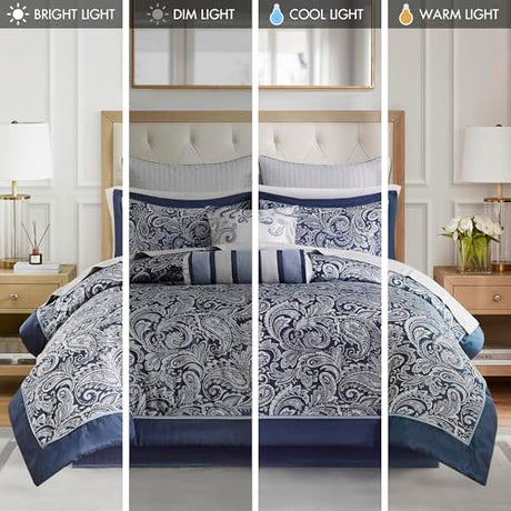 Madison Park Aubrey Cozy Comforter Set, Faux Silk Jacquard Paisley Design - All Season Down Alternative Bedding with Cotton Bed Sheets, Bed Skirt & Toss Pillows, King Navy 12 Piece Madison Park