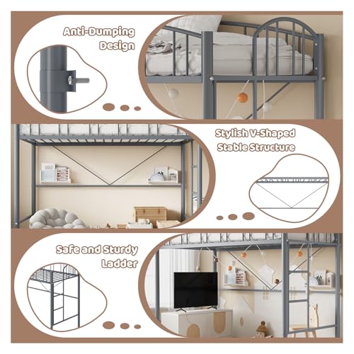 Garvee Loft Bed Twin Size with Ladde and Arched Guardrail, Heavy Duty Metal Loft Bed Frame for Kids and Adults, Sturdy Steel Slats Support, Small Space Saving Design, No Box Spring Needed, Gray Garvee