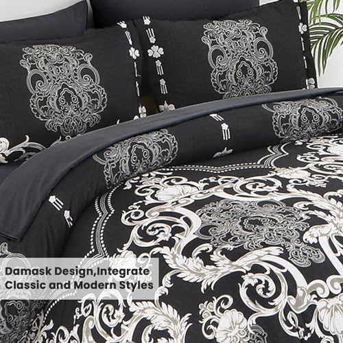 Mybedsoul King Size comforter set, 7 Pieces Boho Bed in a Bag for King Bed, Black Damask Comforter Set with Sheet, Pillowcases & Shams, Soft Microfiber Lightweight Bedding Set for All Season(90"x104") Mybedsoul