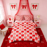Erosebridal Ribbon Bow 7 Piece Bedding Set Full Grid Comforter Set with Sheets Plaid Check Aesthetic Coquette Kawaii Bed in a Bag Cute Bowknot Red for Kids Girls Women Erosebridal