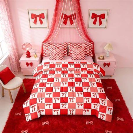Erosebridal Ribbon Bow 7 Piece Bedding Set Full Grid Comforter Set with Sheets Plaid Check Aesthetic Coquette Kawaii Bed in a Bag Cute Bowknot Red for Kids Girls Women Erosebridal