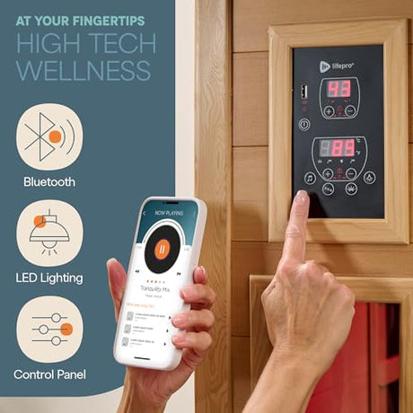 LifePro RejuvaCure 1 Person Far Infrared Sauna for Home - Tempered Glass Door, Oxygen Ionizer, & 7 Chromotherapy Lights for Indoor Sauna - Canadian Hemlock Wood Dry Sauna with Bluetooth Sound System LifePro