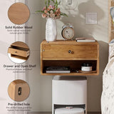 COZAYH Farmhouse Rubber Wood Floating Nightstand with Drawer and Open Shelf, Transitional Wall Mounted Side Table with Open Slot for Bedroom, Fully Assembled (Natural) COZAYH