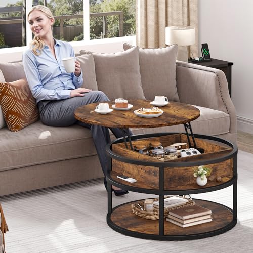 DWVO Round Coffee Tables for Living Room,Lift Top Coffee Table with Storage, Farmhouse Wood Coffee Table,Circle Coffee Tables Living Room for Home Office,Rustic Brown