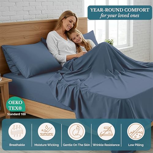 Casa Platino Bedding Sheets & Pillowcases, 3 Piece Set, Pre-Washed Fade Resisitant Cozy Twin Bed Set, 100% Hydro-Brushed Microfiber, Twin Sheet fits up to 15 inch Mattress- Estate Blue Casa Platino