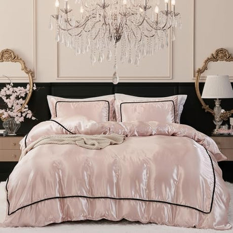 Herside Pink Mocha Satin Comforter Set 7 Pcs Full Size Bed in a Bag Luxury Satin Bedding Set with Comforter Pillowcases and Sheets Sets Mini Pompoms Design Super Soft Silky Bed Set for All Seasons Herside