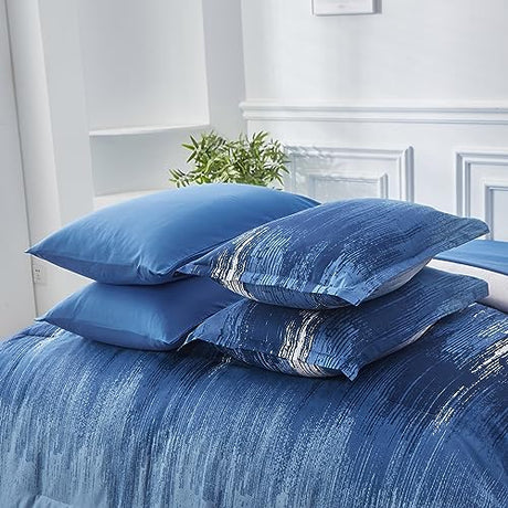 Dinjoy Ombre Blue Comforter Set Full Size Reversible Gradient Blue Grey Boho Bedding Set for Men Women 8 Pieces Bed in A Bag Bohemian Bed Set with Comforter, Sheets, Pillowcases & Shams Dinjoy
