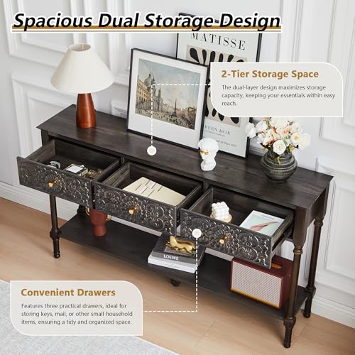 weselon 55.5" Carved Console Table with 3 Drawers, 2-Tier Sofa Table with Glossy Floral Surface and Solid Wood Legs, Mid-Century Modern Entryway Table for Living Room Hallway (Antique Black-Brown) weselon