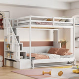 Full Murphy Bunk Bed with Desk and Hydraulic Lift, Full Over Full Size Murphy Bed with Storage Stairs, White Bellemave