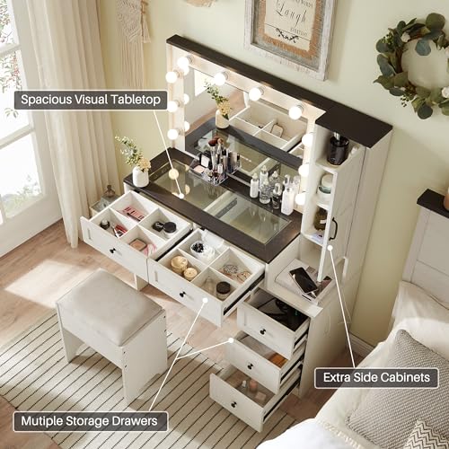 JXQTLINGMU Farmhouse Vanity Makeup Desk with Charging Station, 43" W Vanity Desk with Lights Mirror and Drawers for Makeup, Big Modern Vanity Table Set with Vanity Stool for Bedroom, White - WoodArtSupply