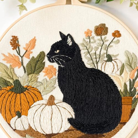 Myfelicity Embroidery kit,Fall Black Cat Embroidery Kit, Set of 3 Hoops, Autumn Pumpkin and Floral Design Myfelicity