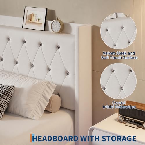 coucheta Full Floating Bed Frame with LED Lights, Upholstered Platform Bed with Crystal Tufted Headboard, Storage Shelves, Heavy Duty Metal Slats, No Spring Needed, Noise Free, Easy Assembly, White coucheta