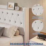 coucheta Full Floating Bed Frame with LED Lights, Upholstered Platform Bed with Crystal Tufted Headboard, Storage Shelves, Heavy Duty Metal Slats, No Spring Needed, Noise Free, Easy Assembly, White coucheta