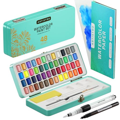 ARTISTRO Watercolor Paint Set, 48 Vivid Colors in Portable Box, Palette set, Including Metallic and Fluorescent Colors. Perfect Travel Watercolor Set for Artists, Amateur Hobbyists and Painting Lovers ARTISTRO