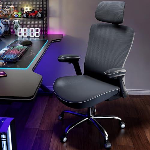 Ergalithic Ergonomic Office Chair-Computer X-Shaped Chair Mesh PU Leather with Adjustable Lumbar Support-Executive Desk Chair High Back with Headrest Flip-Up Arms for Long Hours (Black) Ergalithic