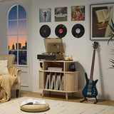 LELELINKY Large Round Record Player Stand with Charging Station & Fluted Display Shelf, Natural Mid Century Modern Turntable Cabinet with Vinyl Storage, Arched Wood Record Player Table for Living Room LELELINKY