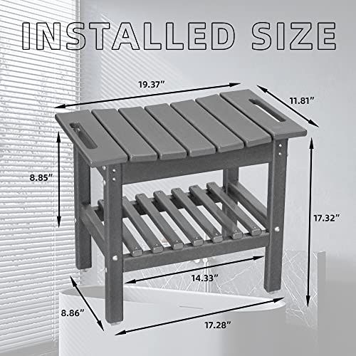 Shower Bench with Storage Shelf, HDPE Material Waterproof, bathtub side table, Suitable for Bathroom shower stool, Suitable for All Ages, 19.3x11.8x17.3 Inches (Grey)