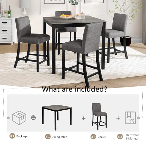KEIKI 5-Piece Counter Height Dining Table Set with Square Table and 4 Upholstered Curved Backrset Chair, for 4 Person, Modern Wooden Table Set, Easy Assembly, for Kitchen, Dining Room, Black+Gray KEIKI