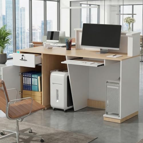 Kikihouse Modern Reception Desk with LED, 63” Fluted Front Desk with Lockable Drawer, Cabinet and Sliding Tray, Large Reception Counter Table for Office Lobby Nail Salon Clinic (Maple) Kikihouse