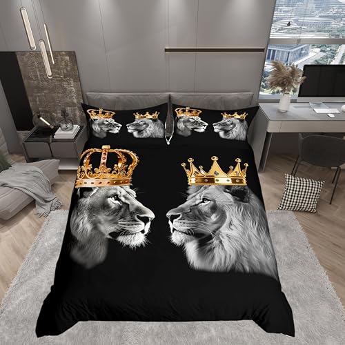 Lion Wild Animal Duvet Cover Set King Size,King and Queen Theme Golden Crown Comforter Cover with 2 Pillowcases,Tropical African Rustic Bedding Set for Adult Young Bedroom Xmas Gift (No Comforter) Castle Fairy