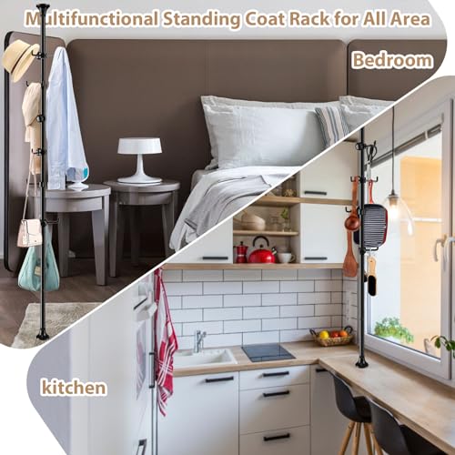 Sempicad Coat Rack Freestanding, 56 to 125 inch Adjustable Tension Rod Coat Hanger with 12 Hooks for Hanging Coat, Jacket, Hat, Scarf, Suitable for Living Room, Balcony, Kitchen Black… Sempicad