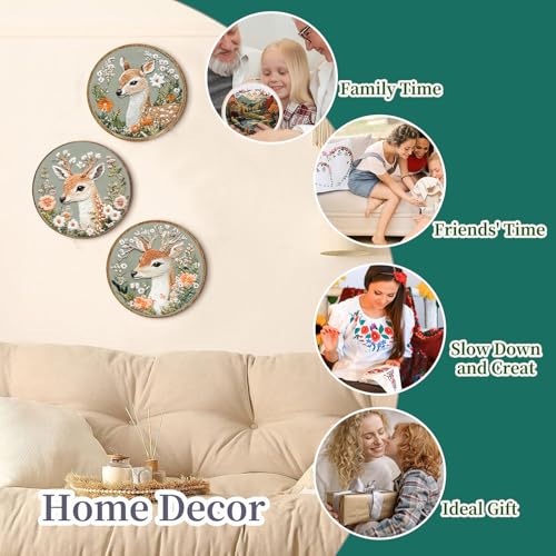 FONNUY Printed Deer and Floral Embroidery Kit with Hoop, Cross Stitch Kits for Beginners, Handmade Crafts, Easy to Follow Color Thread Needlework, 8'' Hoop (Deer and Blossoms)