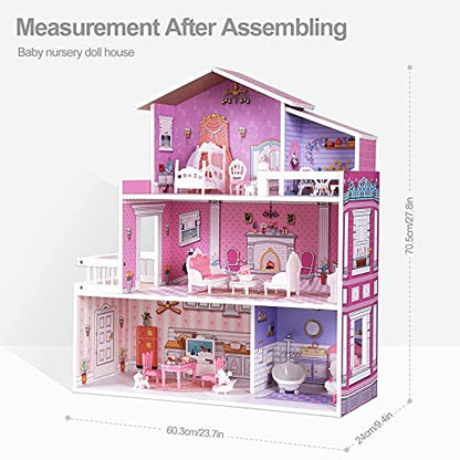 ROBUD Wooden Dollhouse Playset, 3 Stories, 5 Rooms, 24 PCS Furniture, Pretend Play Toys Gift for Kids Toddlers Girls