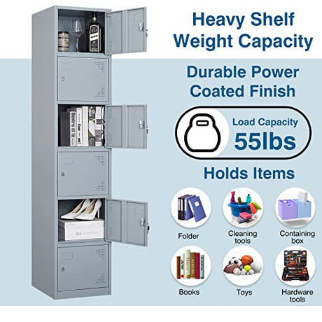 PEUKC Metal Locker Cabinet with 6 Doors, 71" Storage for Employees, 6 Tier Steel Locker with Lock and Keys for School, Gym, Home, Office Staff (Grey) PEUKC