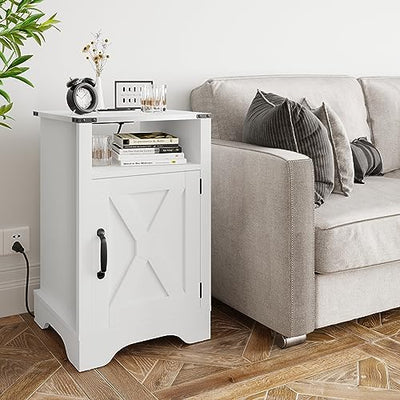 RoyalCraft Farmhouse Nightstand with Charging Station, Tall Bedside Table with Large Storage Room and Shelf, Wooden Rustic End Table for Bedroom, Living Room (White)