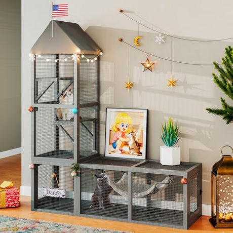 TIMHAKA 2 in 1 Indoor Catio, Outdoor Cat Enclosure with Tunnel, Pet Playen Include 1 Catio and 1 Tunnel, Cat Enclosure with Cats Hammock and Waterproof Cover, Indoor Outdoor Cats Cage with 2 Door TIMHAKA