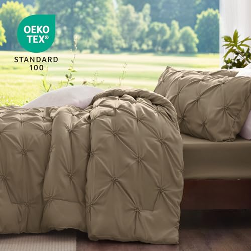 BEDELITE Light Brown Queen Comforter Set - 3 Pieces Boho Pintuck Bedding Comforter Sets, Lightweight Soft & Warm Bed Comforter Queen with 2 Pillowcases for All Season