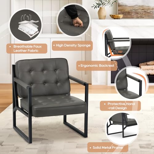 COLAMY Accent Chairs Set of 2, Modern Accent Arm Chairs for Living Room, Comfy Leather Armchairs with Metal Legs for Bedroom Reception Room, Grey COLAMY