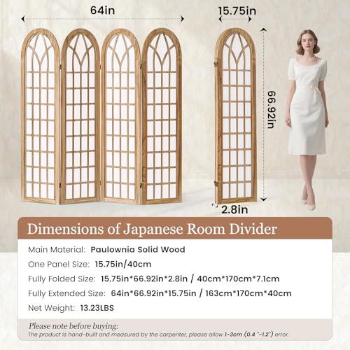 Asnefeli 4 Panel Japanese Room Divider, Shoji Style Partition Divider, Fully Assembled Wooden Privacy Screen for Home Office Bedroom Apartment Decoration, Natual Asnefeli